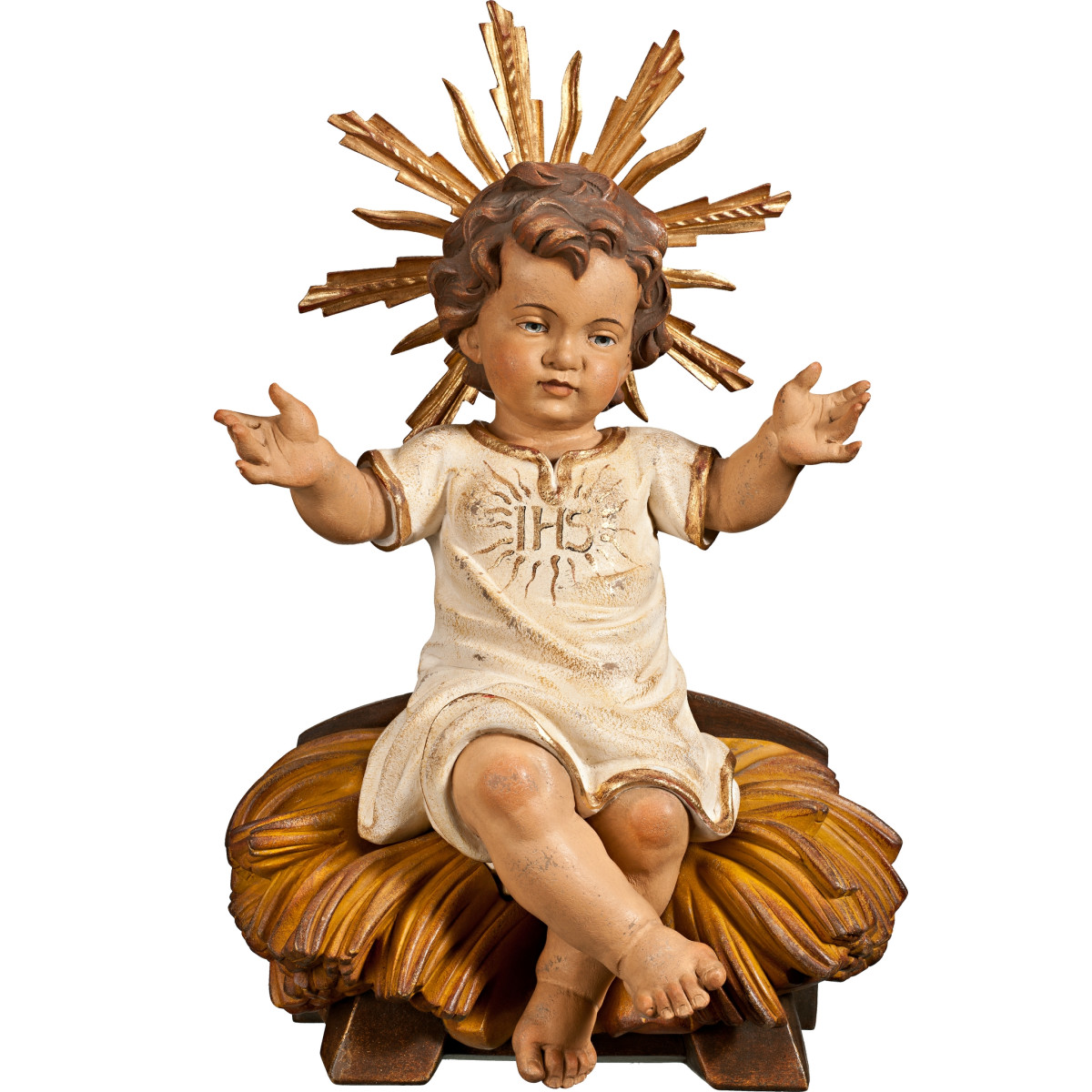 Niño Jesús vestido IHS sentado en cuna